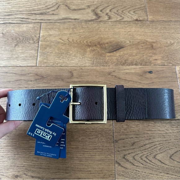 New Polo By Ralph Lauren Wide Brown Leather Belt Solid Brass Buckle XXS - Picture 3 of 11